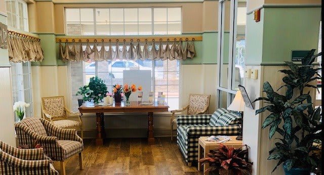 A cozy waiting area with comfortable seating and decorative plants by a large window.