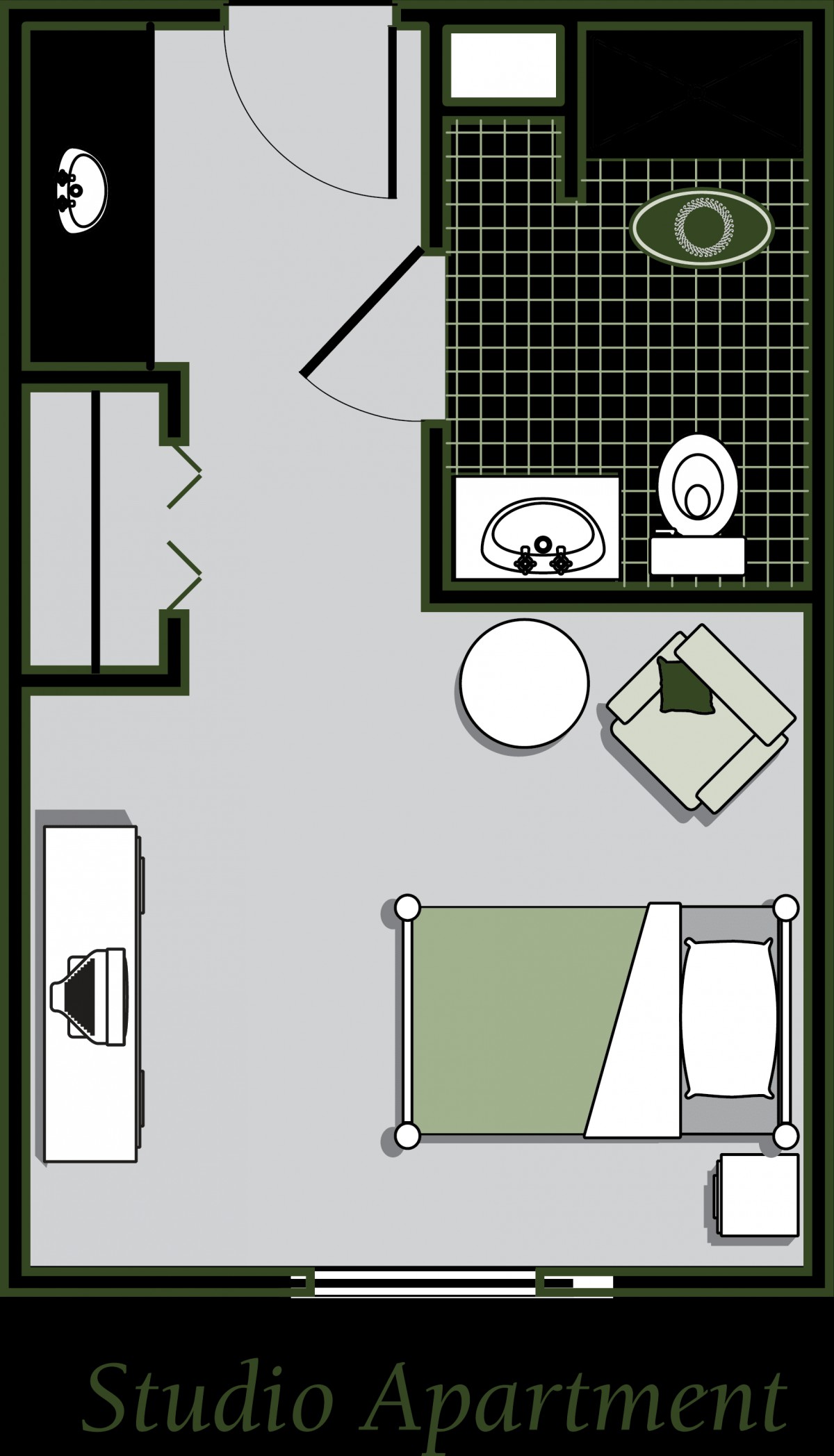 A simple floor plan showing a bedroom and attached bathroom.