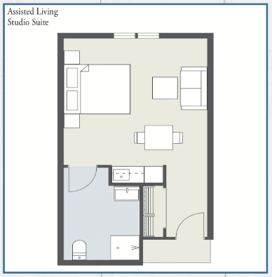 Floor plan of an assisted living studio suite.