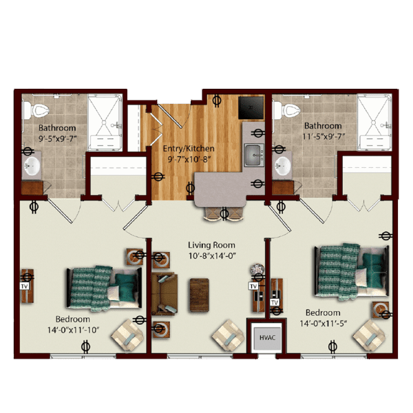 A detailed floor plan of an apartment featuring two bedrooms, a living room, and kitchen area.