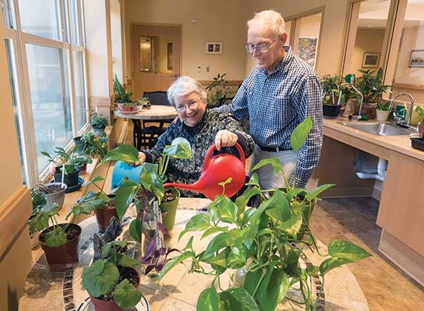 An elderly couple joyfully waters their indoor garden in a community room.