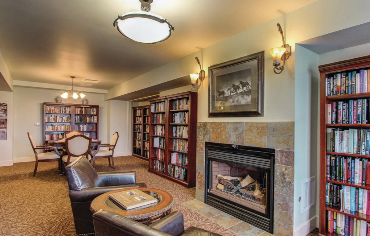 Cozy library room with bookshelves, a fireplace, and comfortable seating.