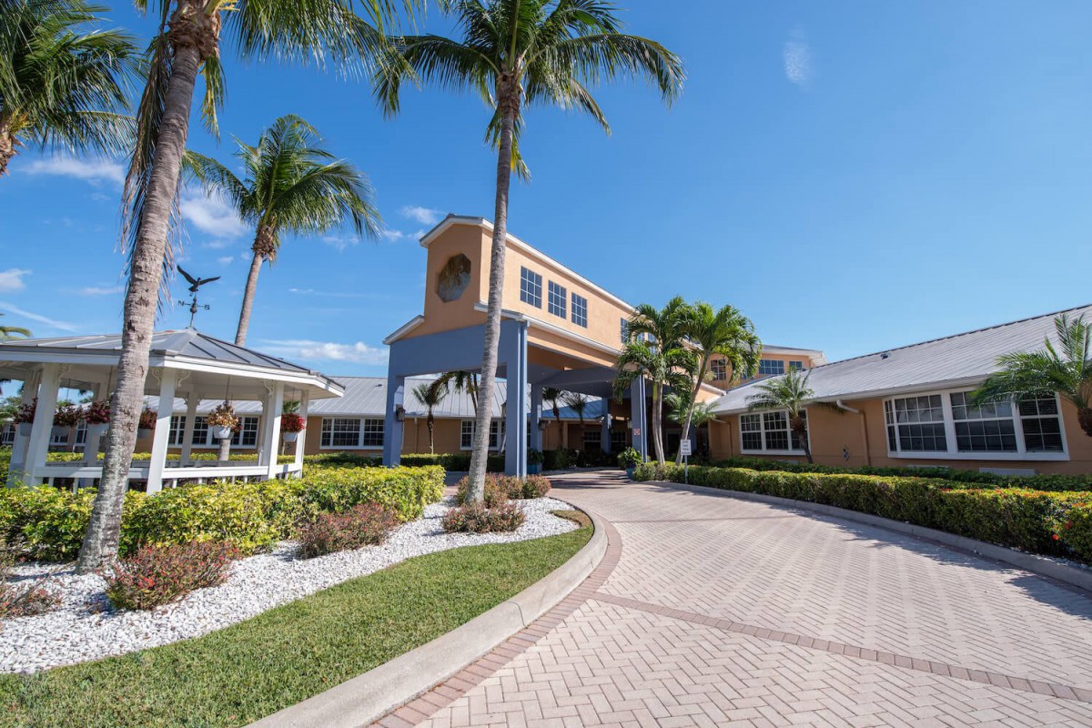 A sunny view of a building with palm trees and a driveway.