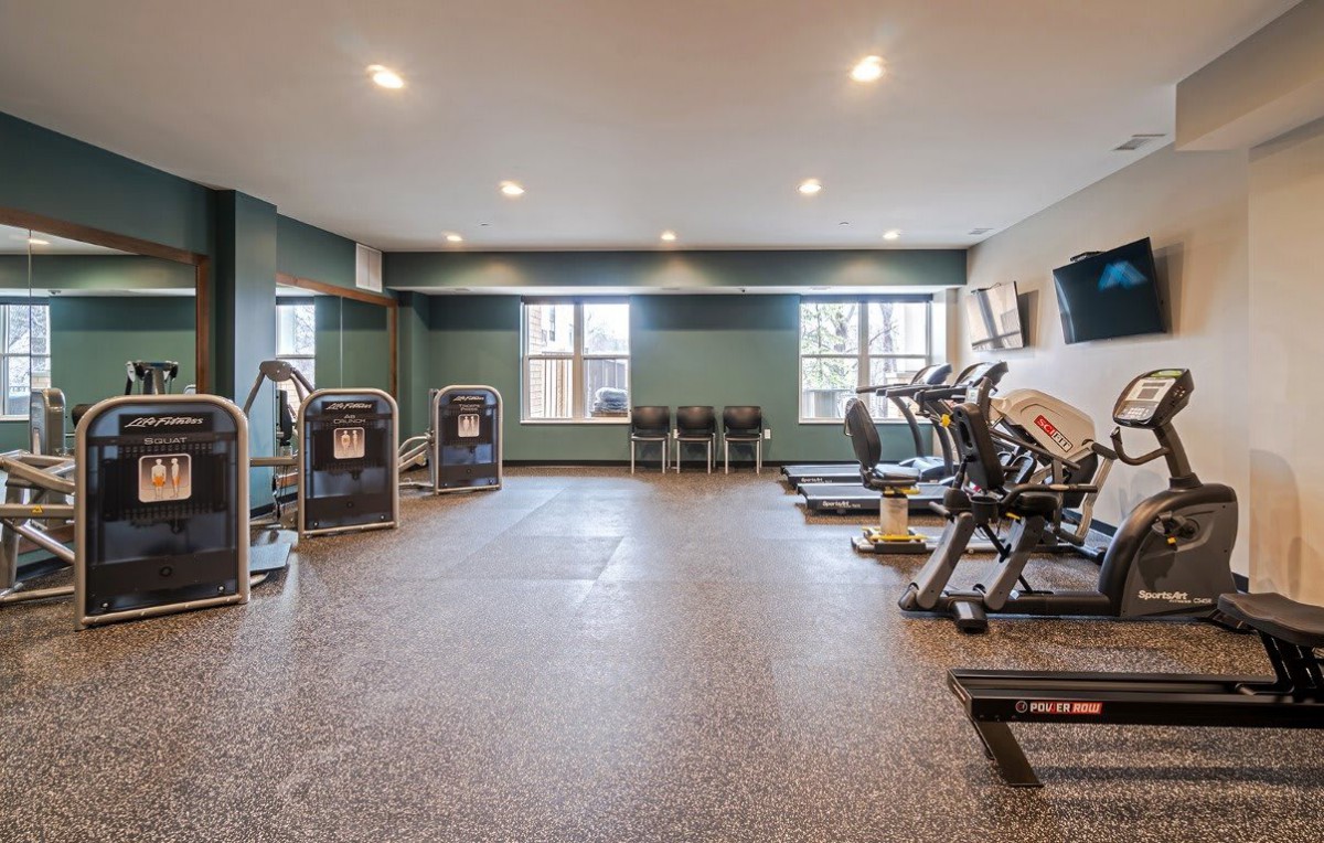 A spacious gym equipped with treadmills, weights, and various exercise machines.