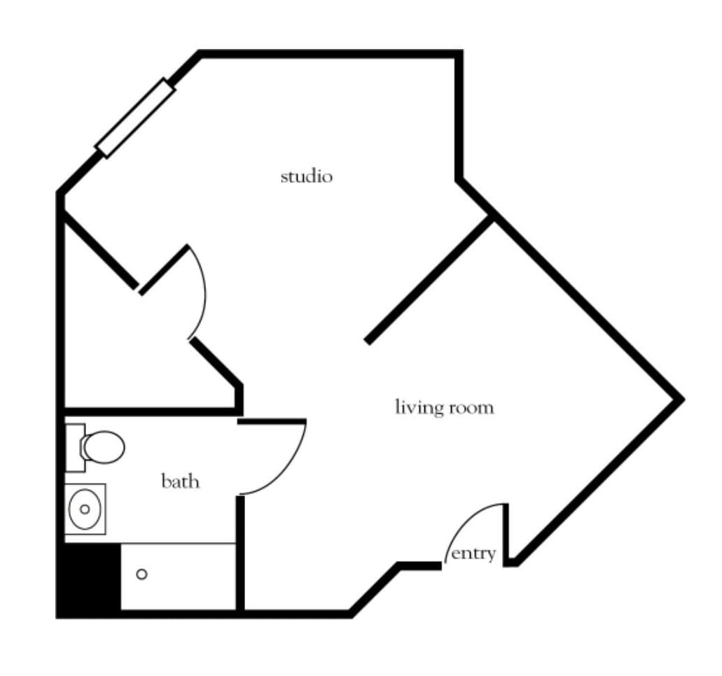 A simple floor plan of a studio apartment with a living room, bathroom, and an entry door.