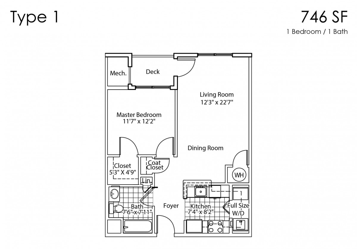 A detailed floor plan of a one-bedroom apartment featuring a master bedroom, living/dining area, kitchen, and two closets.