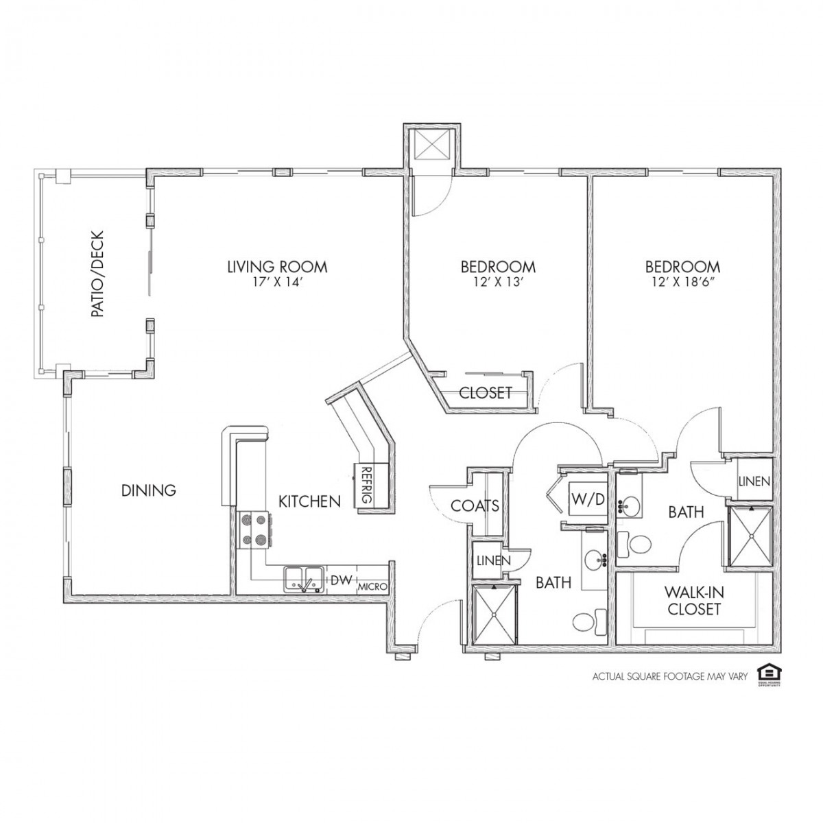 Floor plan of a two-bedroom apartment with living room, kitchen, and bathroom.