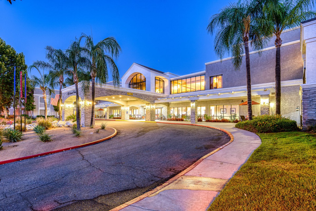 A well-lit hospital entrance surrounded by palm trees at night.