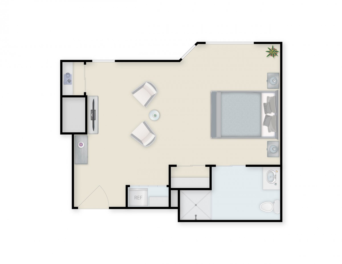 A floor plan of a one-bedroom apartment with a living area, kitchen, and bathroom.