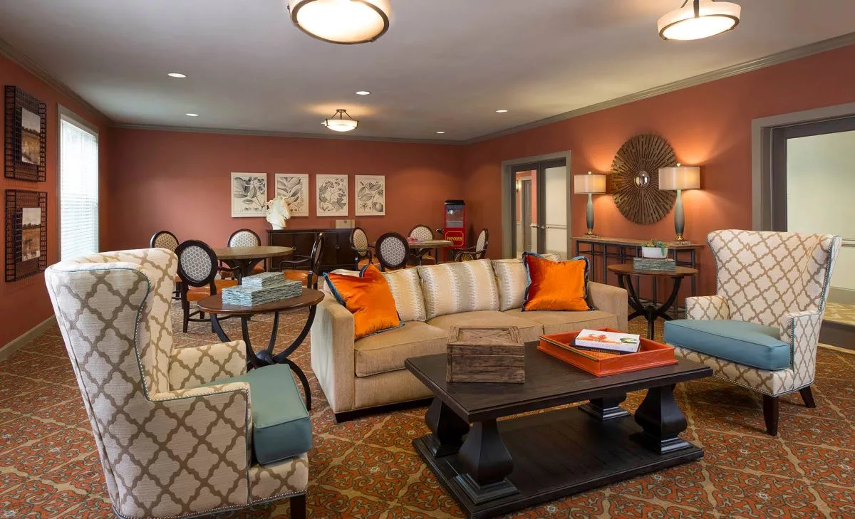 A cozy living room with stylish furniture and warm decor.