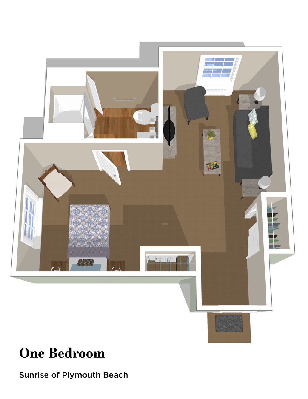 A 3D floor plan of a one-bedroom apartment.