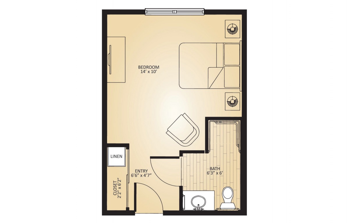 A simple floor plan of a studio apartment with a bathroom, bed, chair, and kitchenette.
