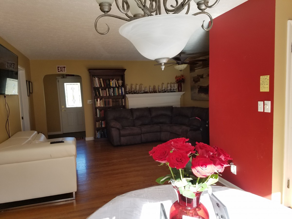 A cozy living room with a red accent wall, adorned with flowers in a vase and an elegant chandelier.