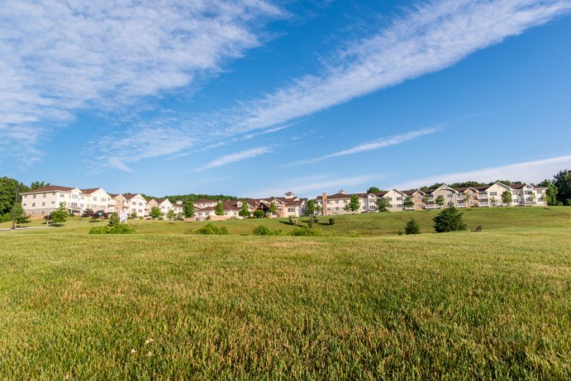 A wide grassy field with suburban houses in the background under a clear blue sky.