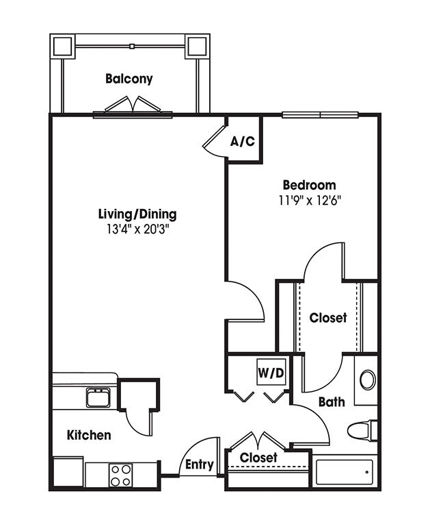 One-bedroom apartment floor plan with living room, kitchen, bathroom, and balcony.