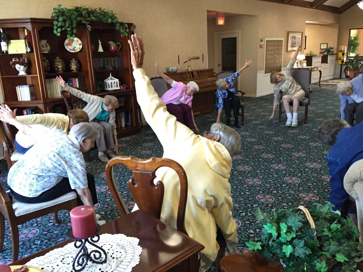 A group of elderly individuals participating in a seated exercise session indoors.