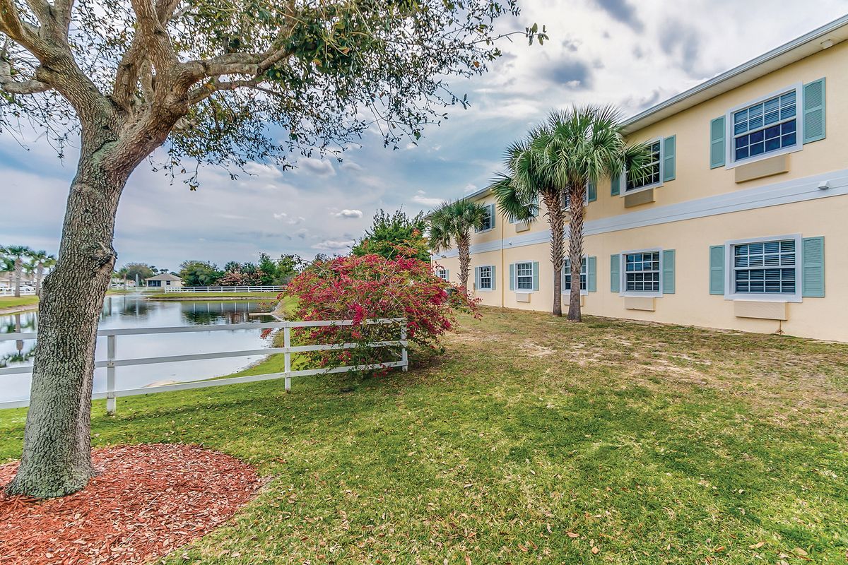 A serene lakeside view with a building, surrounded by lush greenery and palm trees.