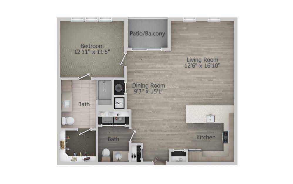 An apartment floor plan featuring a layout with one bedroom, a bathroom, kitchen, living room, dining room, and patio/balcony.