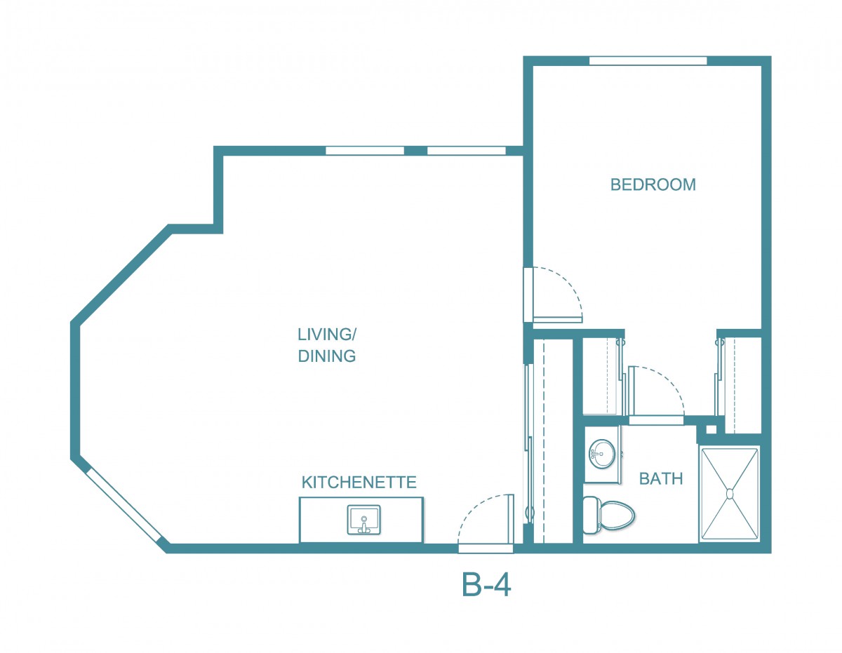A blueprint of an apartment floor plan, featuring a living area, kitchenette, bedroom, and bathroom.