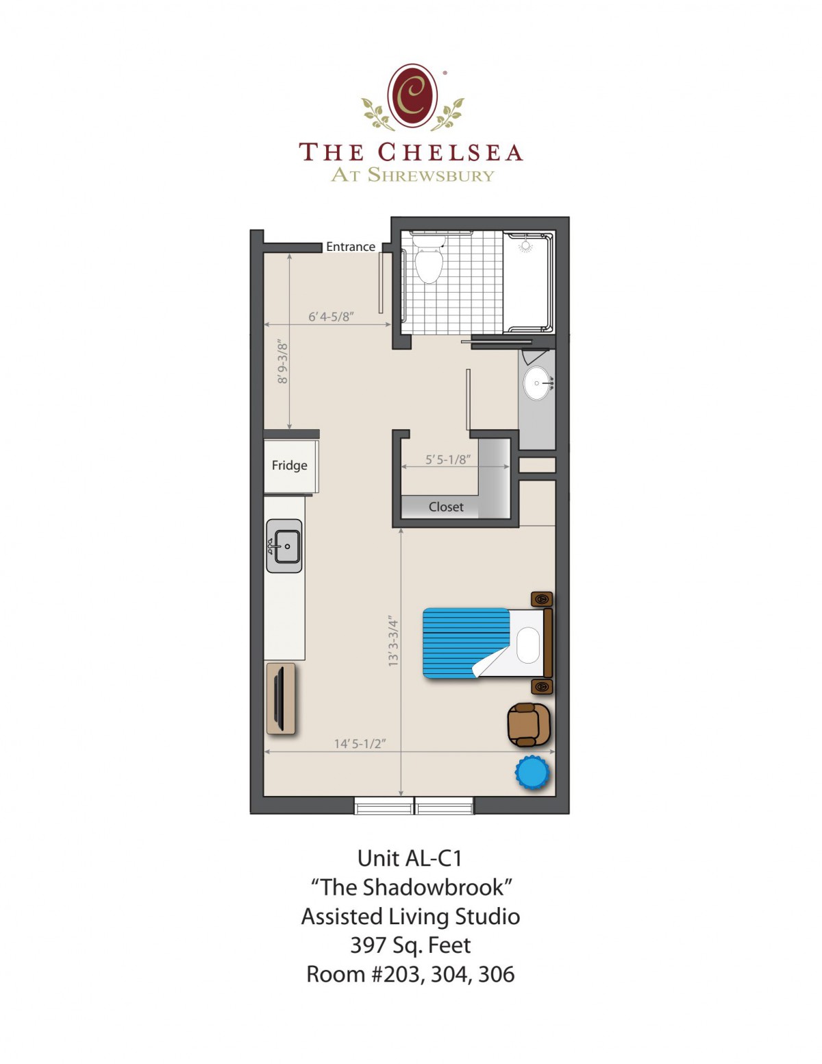 Floor plan of an assisted living studio apartment labeled 'The Boardwalk' at The Chelsea.