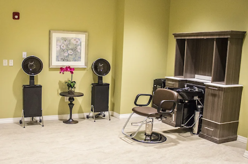 A neatly arranged hair salon space featuring a styling chair, beauty equipment, and decorative elements.