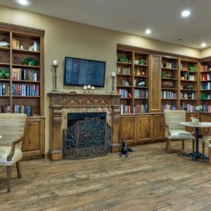 A cozy library room with wooden bookshelves, a fireplace, and comfortable seating.