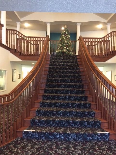 A grand staircase adorned with a holiday-themed carpet and a Christmas tree at the top.