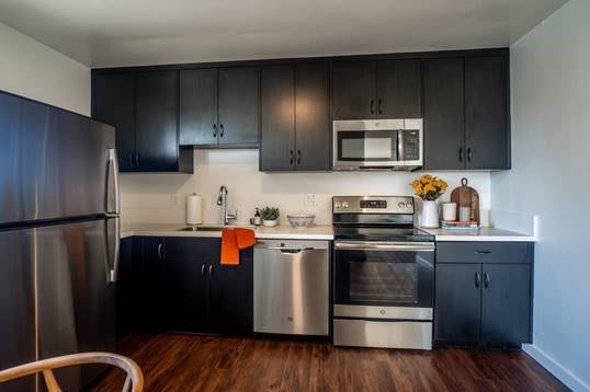 A modern kitchen with dark cabinets and stainless steel appliances.