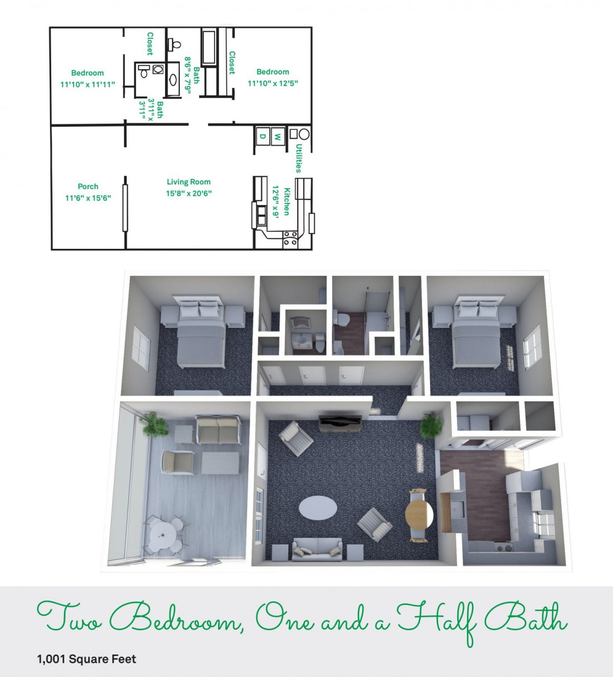 3D floor plan of a two-bedroom, one-and-a-half-bath apartment.