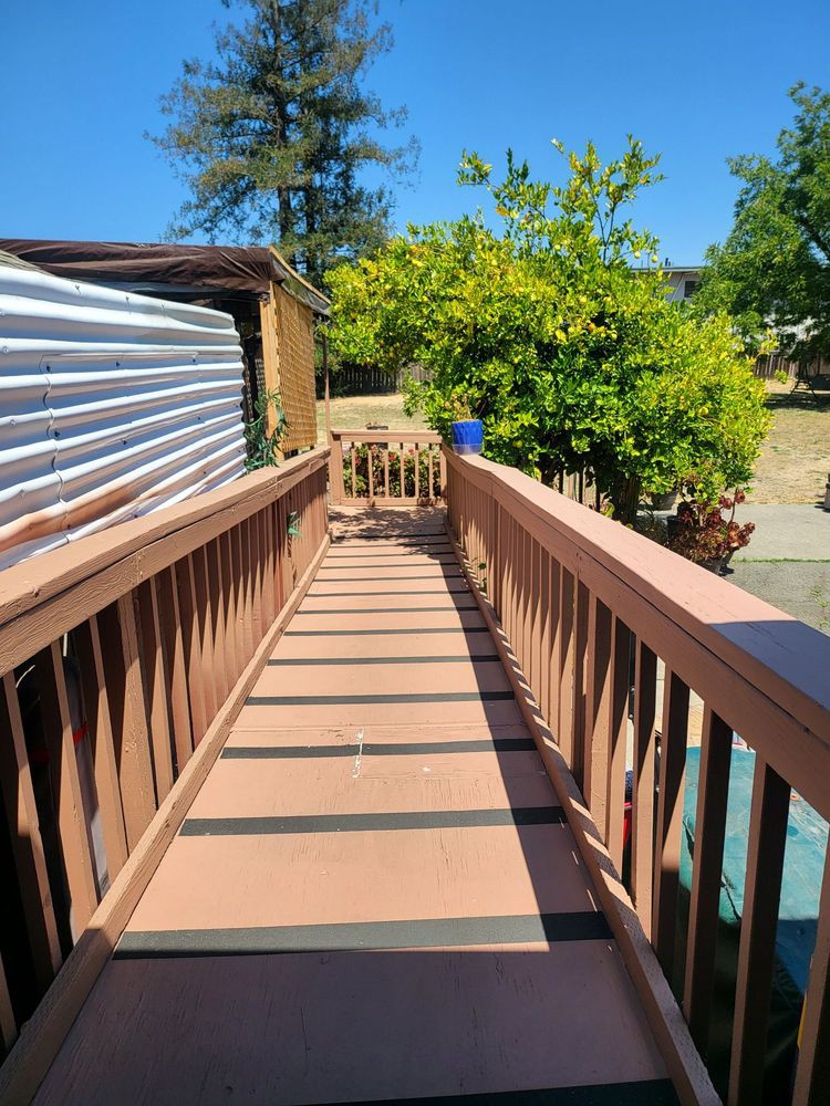 A wooden ramp leads through a sunny garden area.