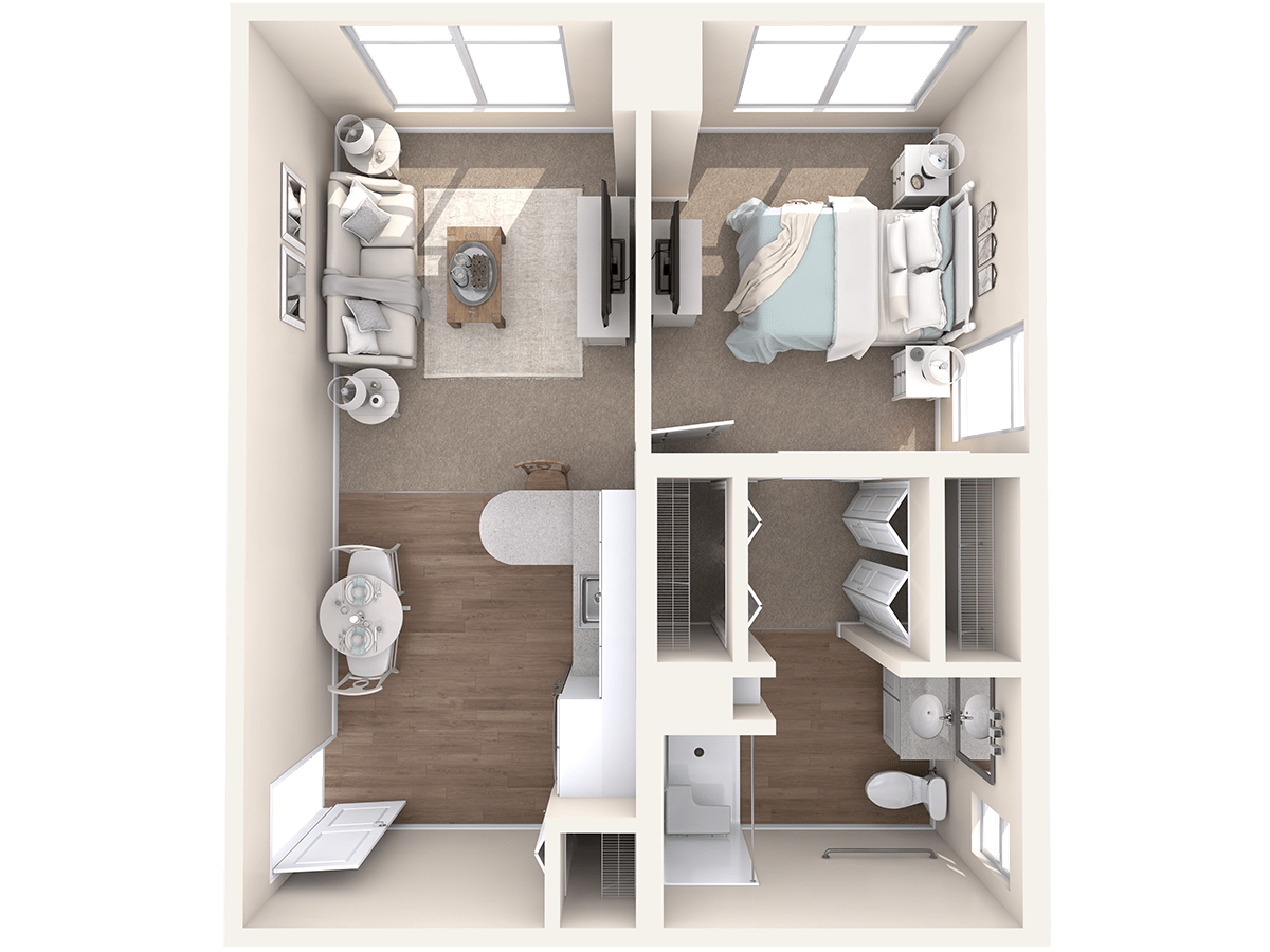 This image shows a 3D floor plan of an apartment featuring a bedroom, living room, kitchen, and bathroom.