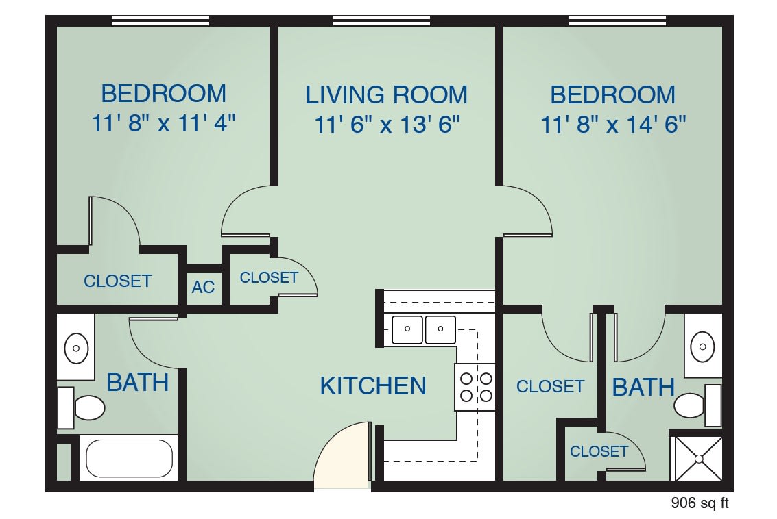 A floor plan of a two-bedroom apartment featuring a living room, kitchen, and two bathrooms.