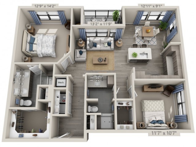 A 3D rendered floor plan of a modern two-bedroom apartment with a living room, kitchen, and multiple bathrooms.