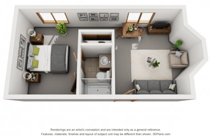 This image shows a modern one-bedroom apartment floor plan with a bathroom and living room.