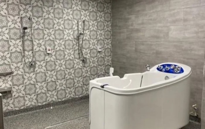 A modern bathroom with an accessible bathtub and decorative wall tiles.