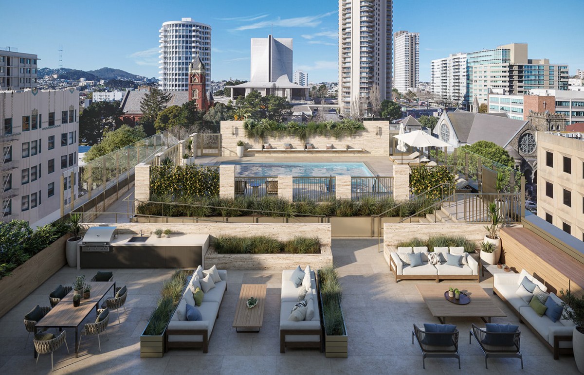 A luxurious rooftop with a pool and outdoor seating overlooking the city skyline.