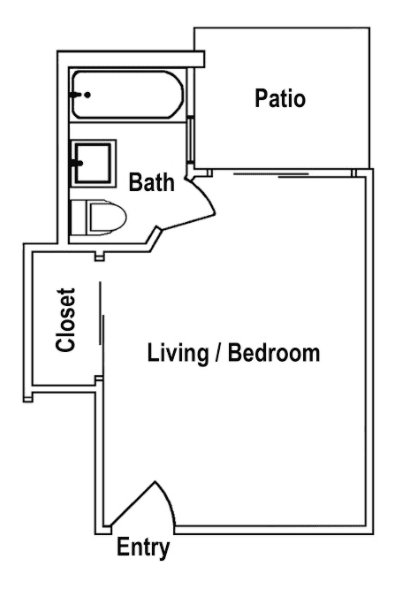 Studio apartment floor plan with a living/bedroom area, bathroom, closet, and patio.