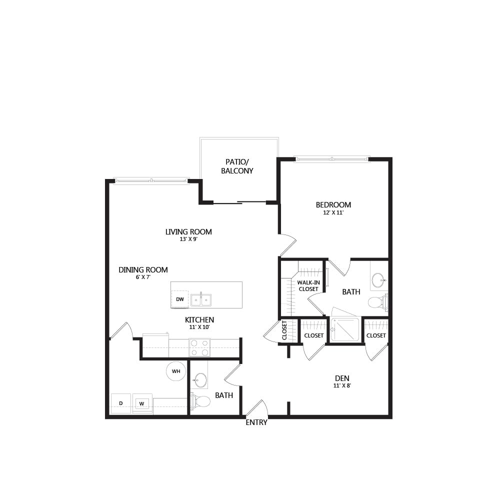 A detailed floor plan of a modern apartment, showcasing the layout with labeled rooms.