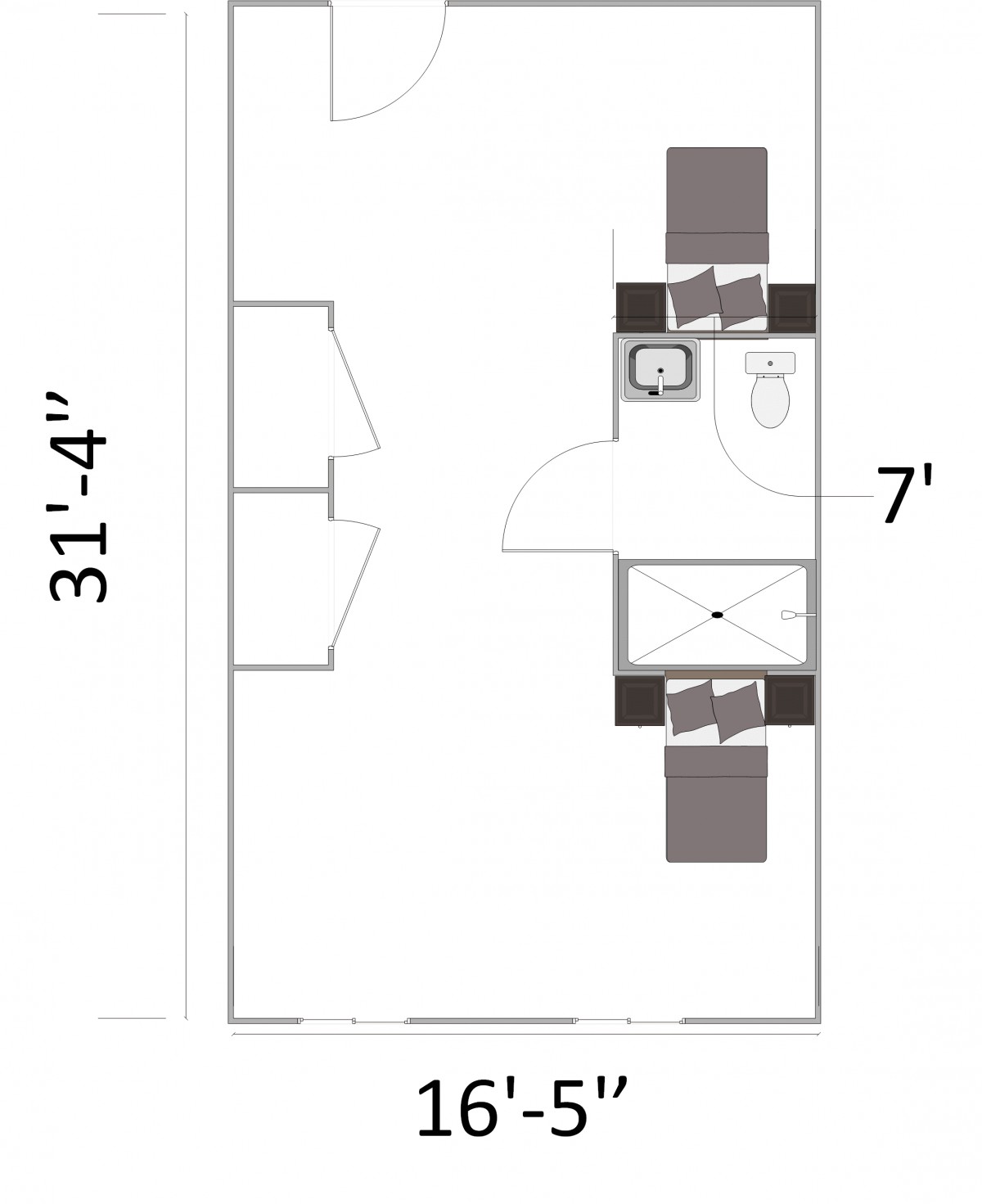 A compact floor plan layout for a small house featuring basic amenities.