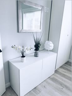 A minimalist interior featuring a white cabinet with decorative plants and a mirror above.