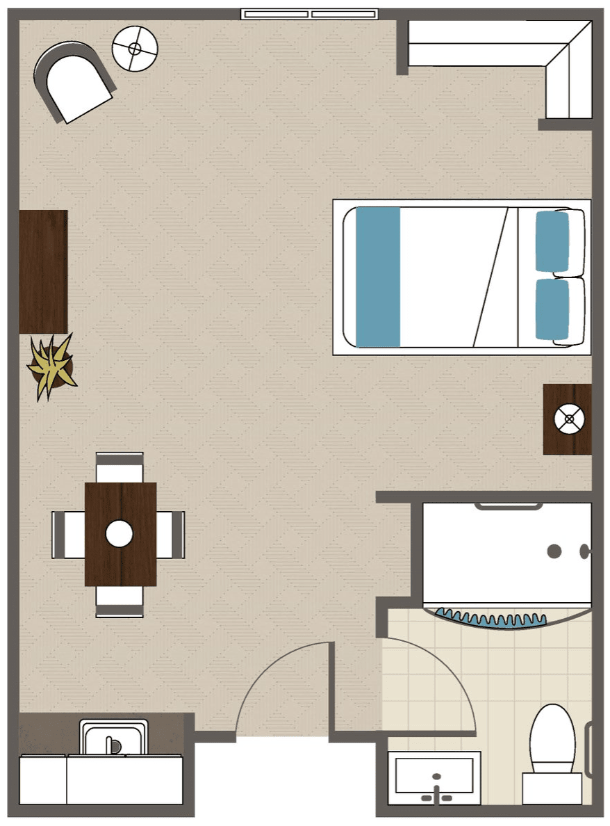 A simple floor plan of a one-bedroom apartment, featuring a bedroom, living area, dining table, and bathroom.