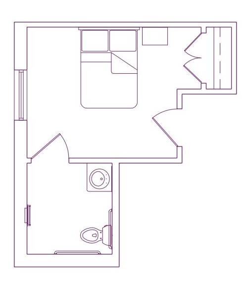 A simple floor plan showing a bedroom and an attached bathroom.
