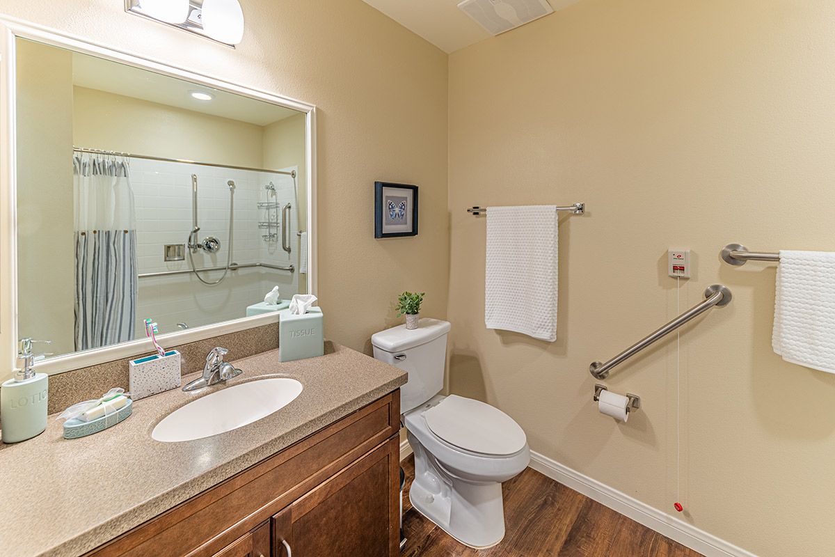A modern bathroom with a toilet, sink, and accessible handrail.