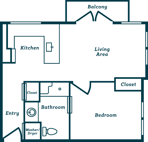 A one-bedroom apartment floor plan featuring a kitchen, living area, bathroom, and balcony.