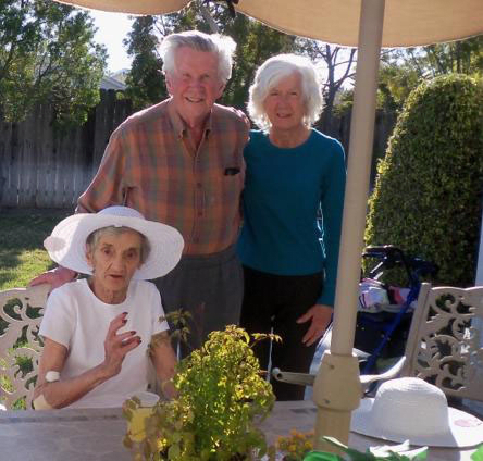 A group of elderly people enjoying a sunny day in the garden.