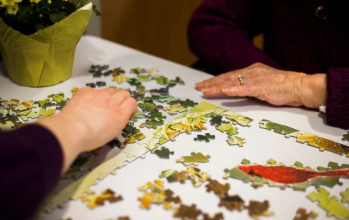 Two people working together on a jigsaw puzzle.