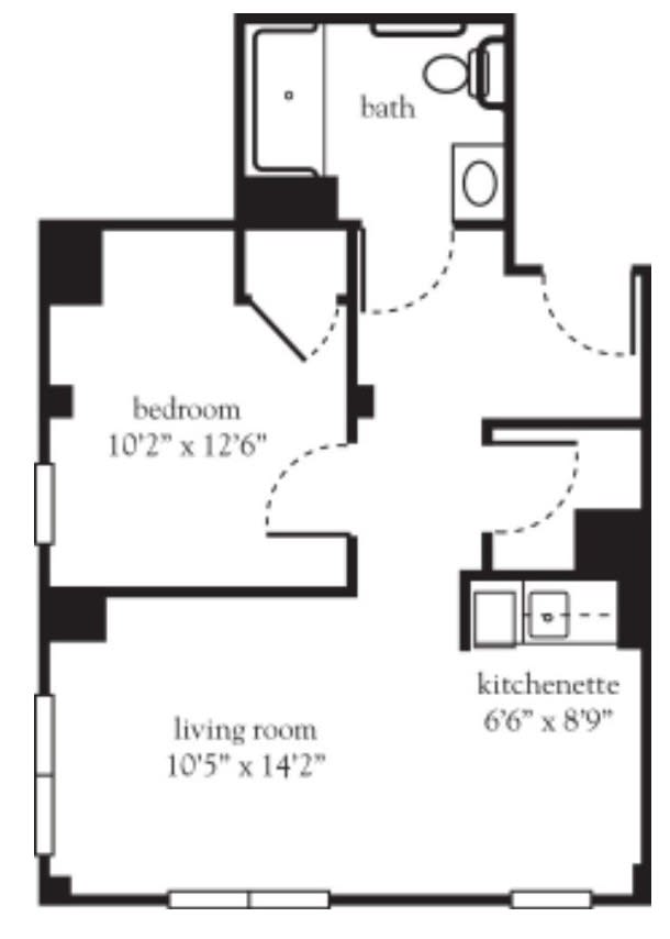 A floor plan showing the layout of a one-bedroom apartment with a living room, kitchenette, and bathroom.
