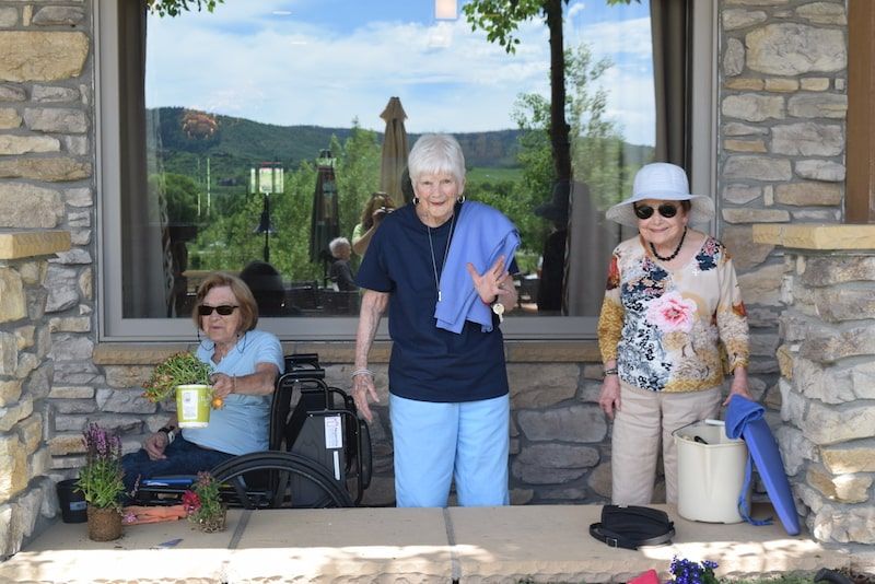 A group of seniors enjoying a sunny day outdoors with gardening activities.