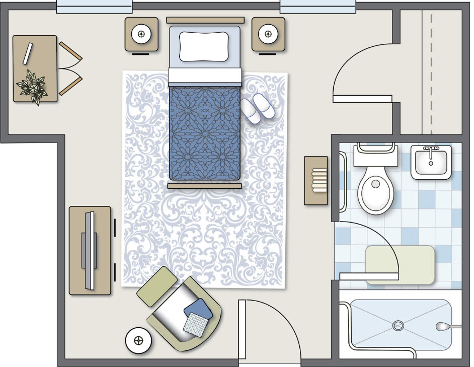 A detailed floor plan of a compact bedroom with an adjacent bathroom, showcasing furniture arrangement and interior design elements.