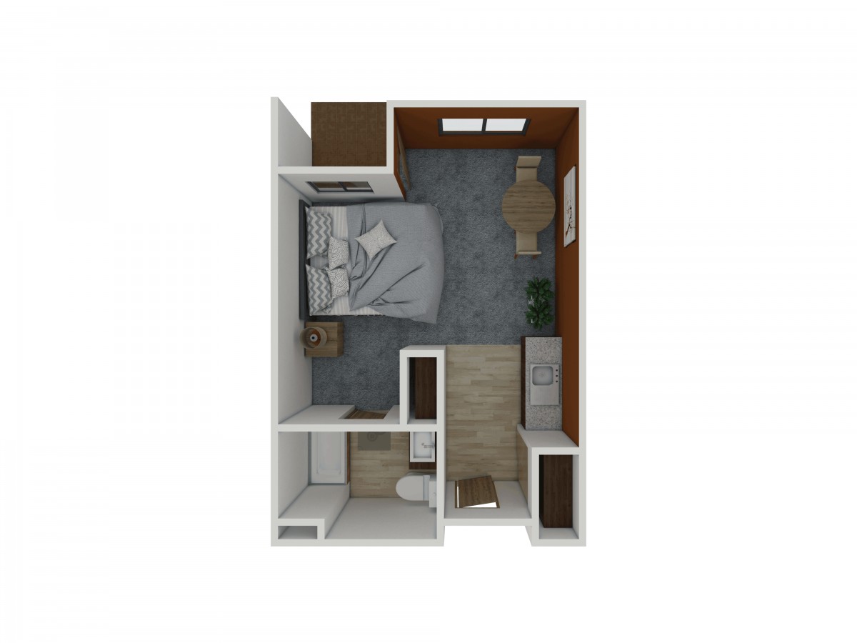 A compact studio apartment layout featuring a bedroom, kitchenette, and bathroom.